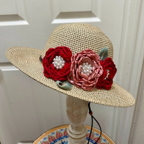 Elegant Women\'s Tweed Sun Hat With Satin Flowers And Pearls Special Event (NEW) main image 14